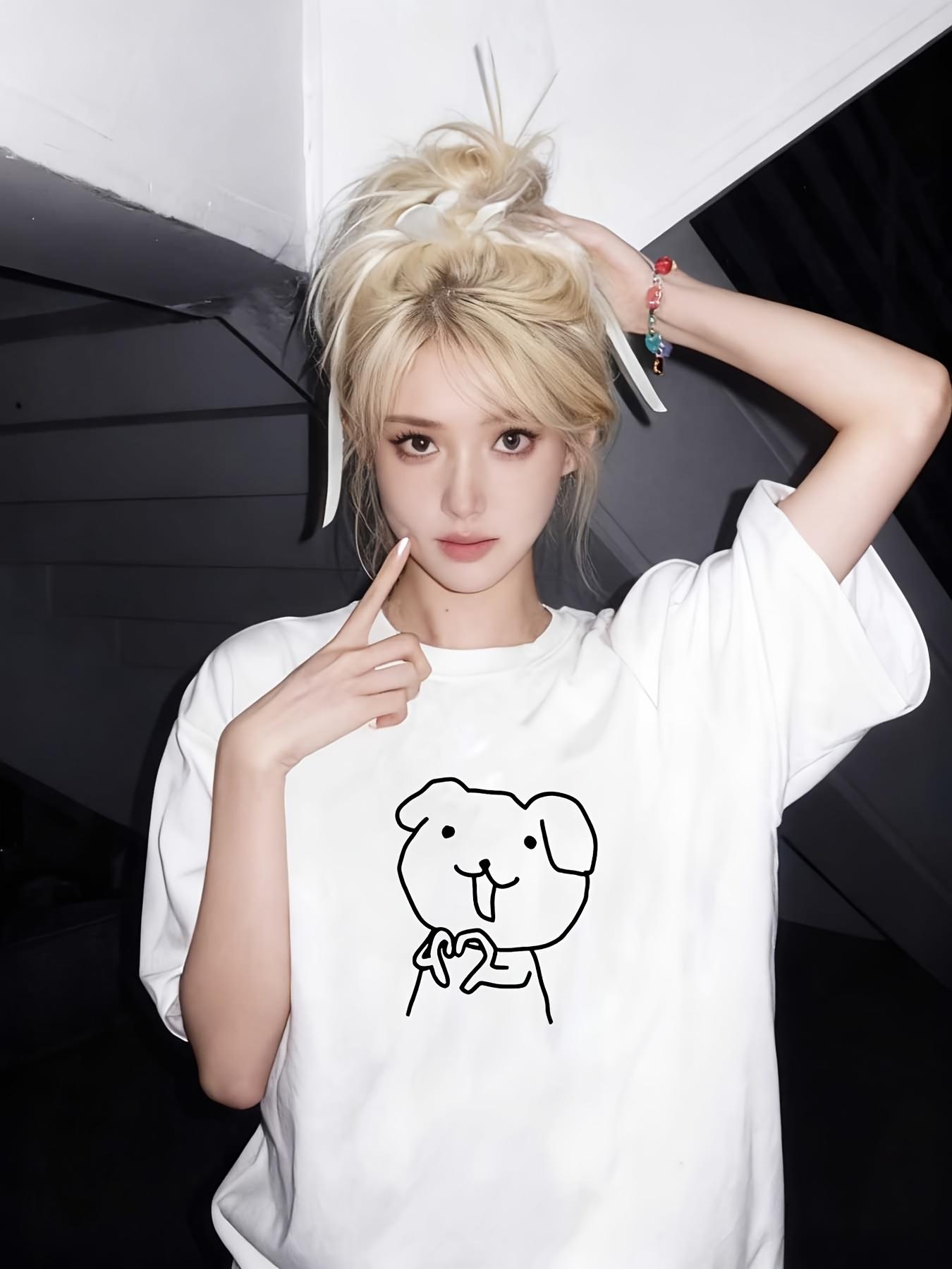 

Drop Shoulder Elegant Womens Korean Style Clothing Korean Style TShirt Sleeve Simple and Funny Dog Pattern Short Sleeve S
