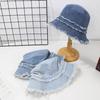 New Fashionable Japanese-style Washed Retro Denim Fisherman Hat with Double-layer Fringed Flat Top Basin Hat for Casual Outings