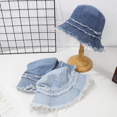 New Fashionable Japanese-style Washed Retro Denim Fisherman Hat with Double-layer Fringed Flat Top Basin Hat for Casual Outings