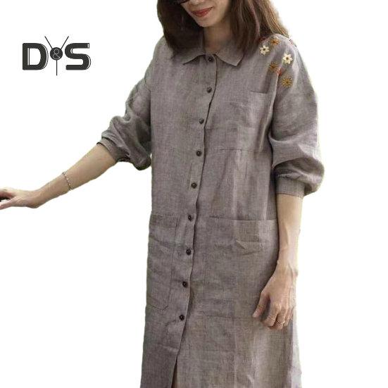 

Женское весеннее платье А-силуэта с цветочным принтом, однобортное, с накладными карманами, с лацканами, с длинным рукавом, однотонное, мягкое, дышащее, длиной до середины голени, платье-миди M серый