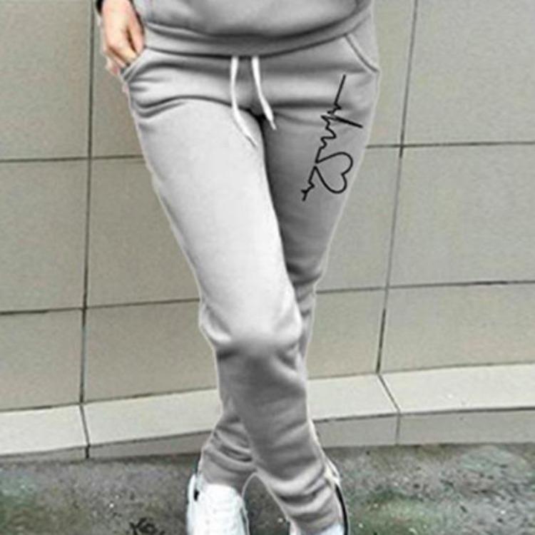Ladies Hoodie Tracksuit Set Heart Print Thick Warm Breathable Daily Wear Solid Color 2 Pcs