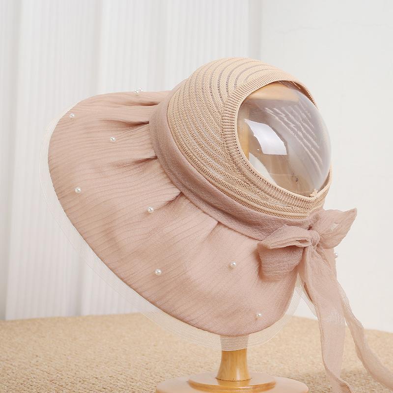 New splicing bow pearl empty top hat women's spring and summer mesh sunscreen hat big brim sweet sunshade sun hat