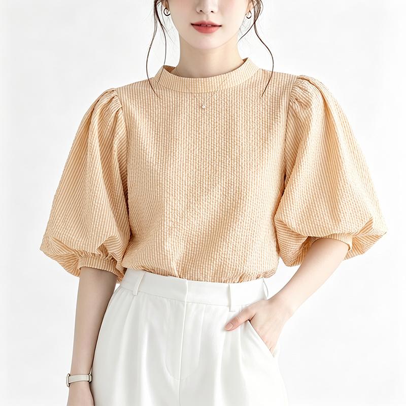 ZANZEA Women Casual Stand Collar Loose Half Sleeve Stripe Blouse