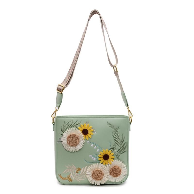 Neue 3D-Sonnenblumen-Stickerei Schultertaschen Mode Blumenstil Jugend Umhängetaschen Verstellbarer Riemen Lässige quadratische Tasche für Damen