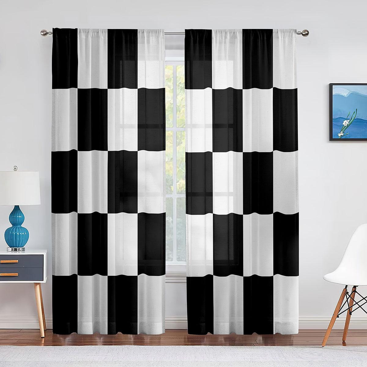

Черно-белая клетчатая прозрачная вуаль-штора для гостиной, спальни, кухни, украшения, гоночный флаг, тюль, занавески на окна W65X60H(cm)X2Pcs&Hook