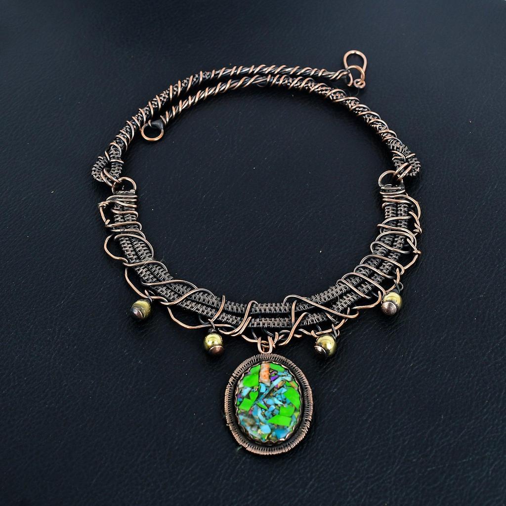 Fiesta Kingman Turquoise Necklace, 999 Copper Wire Wrapped Necklace Jewelry, Adjustable Chain Gemstone Handmade Jewelry Necklace, Gift For Friend