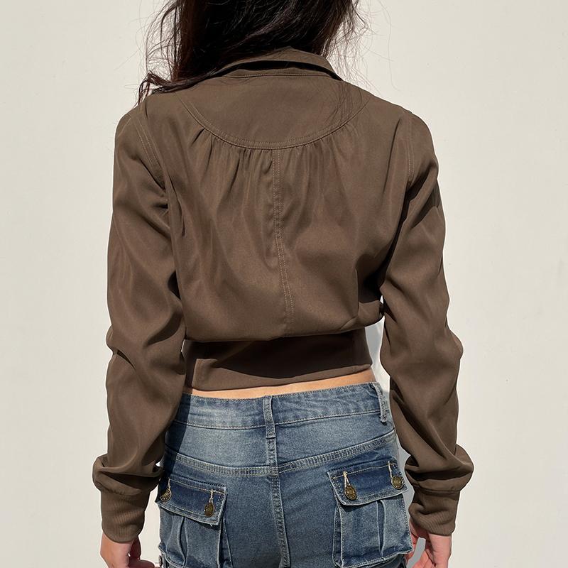VAYLA Vintage Cropped Jackets Women Stand Collar Solid Color Casual Coats Slim Pocket Zip Up Harajuku Safari Style Outwear