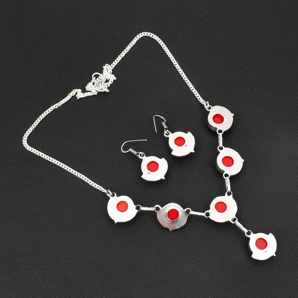 925 Sterling Silver Red Coral Jewelry Set Elegant Round Gemstone Necklace & Drop Earrings for Women Boho Wedding Jewelry