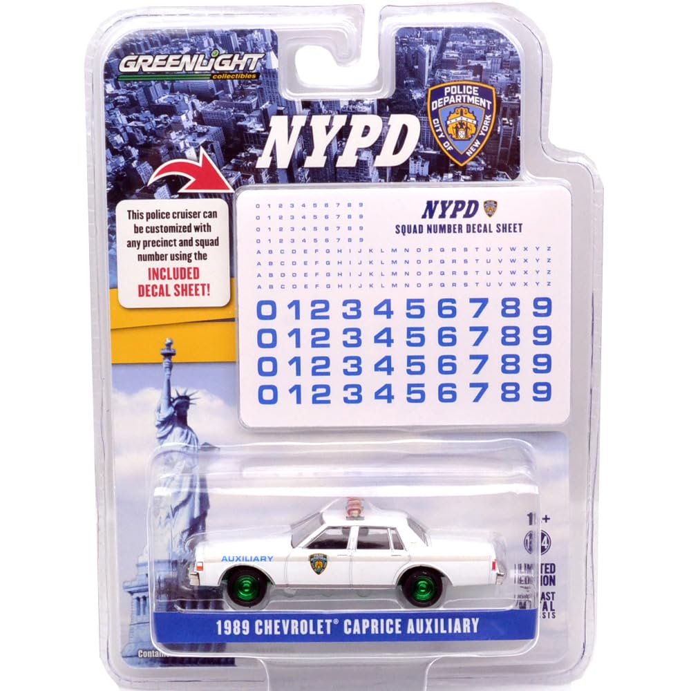

GREENLIGHT Масштаб 1989 Chevrolet Caprice Полицейский департамент Нью-Йорка с листом наклеек с номером подразделения NYPD 1/64 - (Полиция Нью-Йорка) (Зелёная Машина) [Элемент] зелёный