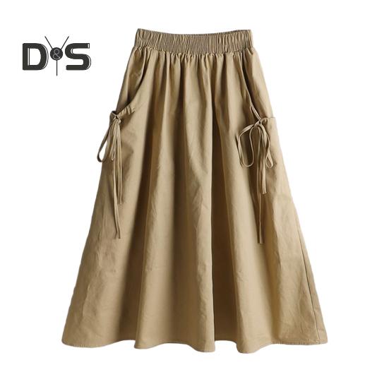 Cargorock mit elastischer Taille, Seitentaschen, einfarbig, A-Linie, lockere Passform, Midirock im Workwear-Stil, Kordelzugrock