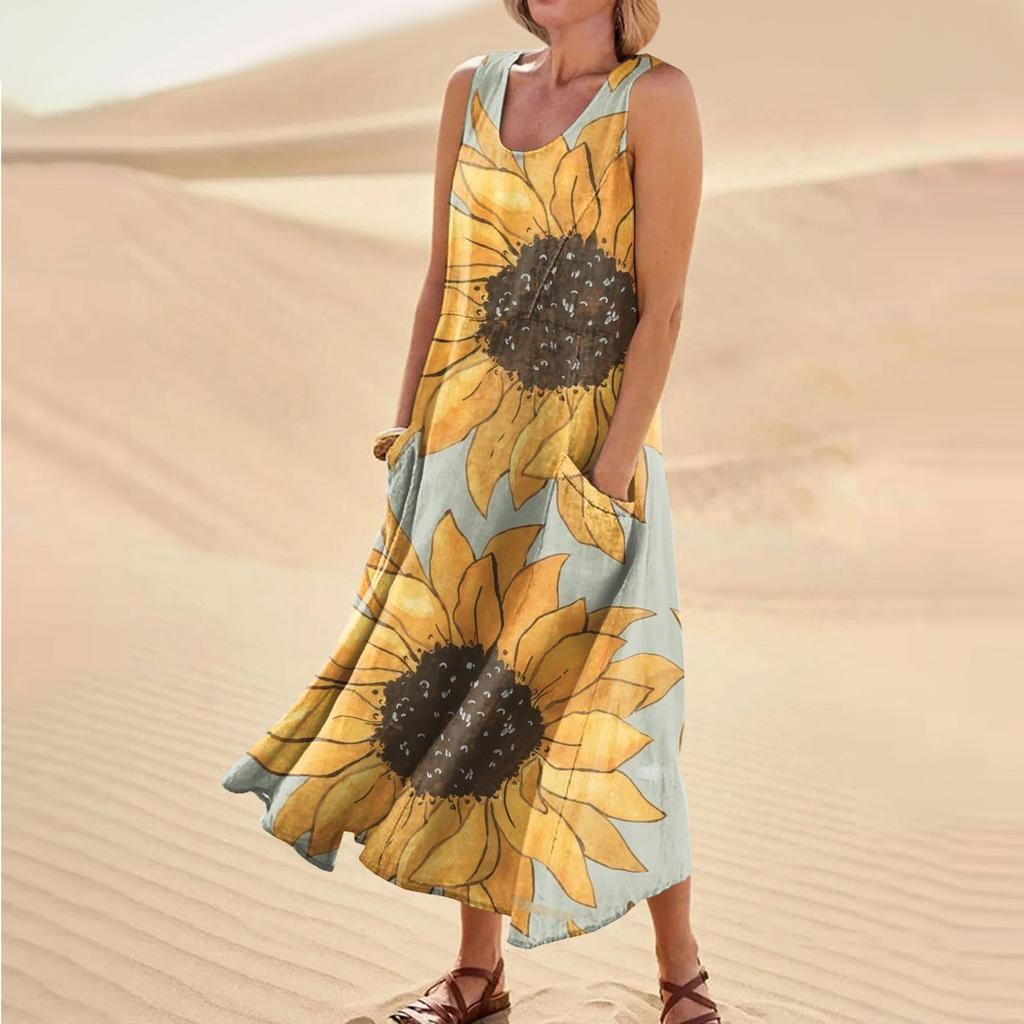 Dámské letní ležérní módní šaty s kulatým výstřihem a kulatým výstřihem s potiskem