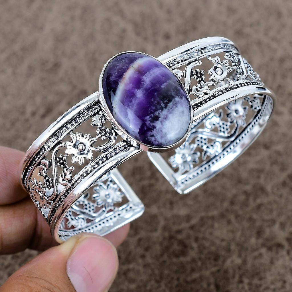 Chevron Amethyst Gemstone 925 Sterling Silver Cuff Bangle Adjustable KKG-773