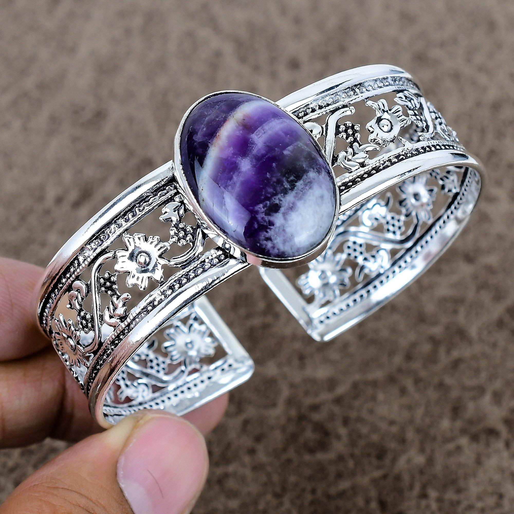 

Chevron Amethyst Gemstone 925 Sterling Silver Cuff Bangle Adjustable KKG-773