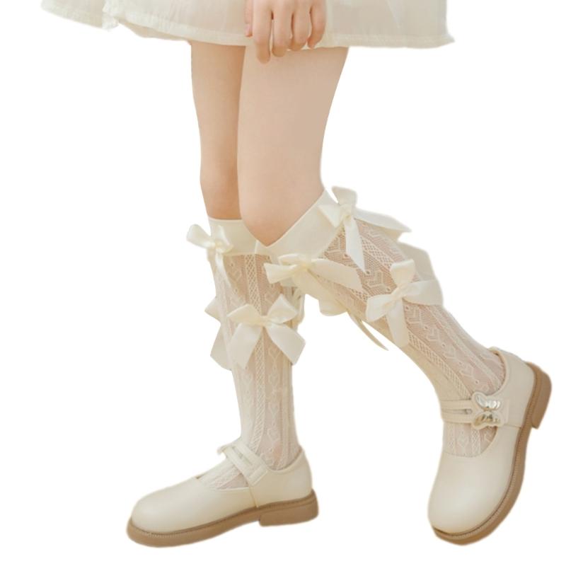 Lovely Girls Knee Length Socks for Youth, Sweet Bowknot Charm Middle Tube Socks for Stage Performances and Parties