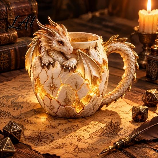 Tabletop Display Ornament Fantasy Dragon Egg Mug Stainless Steel Liner 3D Relief Baby Theme Party Props Coffee Cup Realistic Resin Desktop for Home