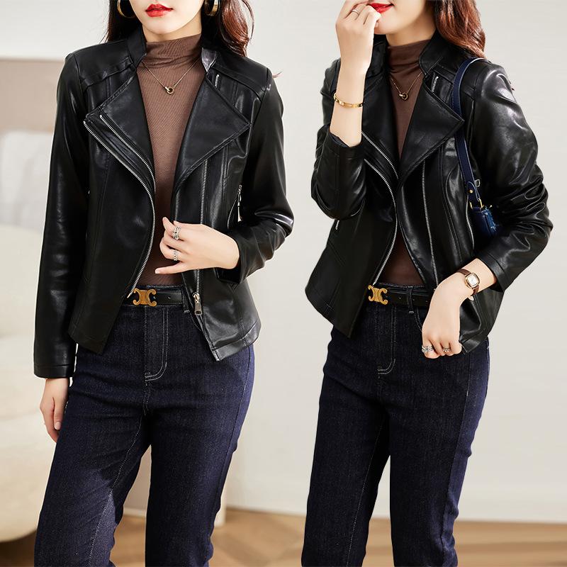 Echtlederjacke Damen kurz Frühling und Herbst neuer Stil Schafsleder Motorradanzug Kragenjacke schlankmachend Damenbekleidung
