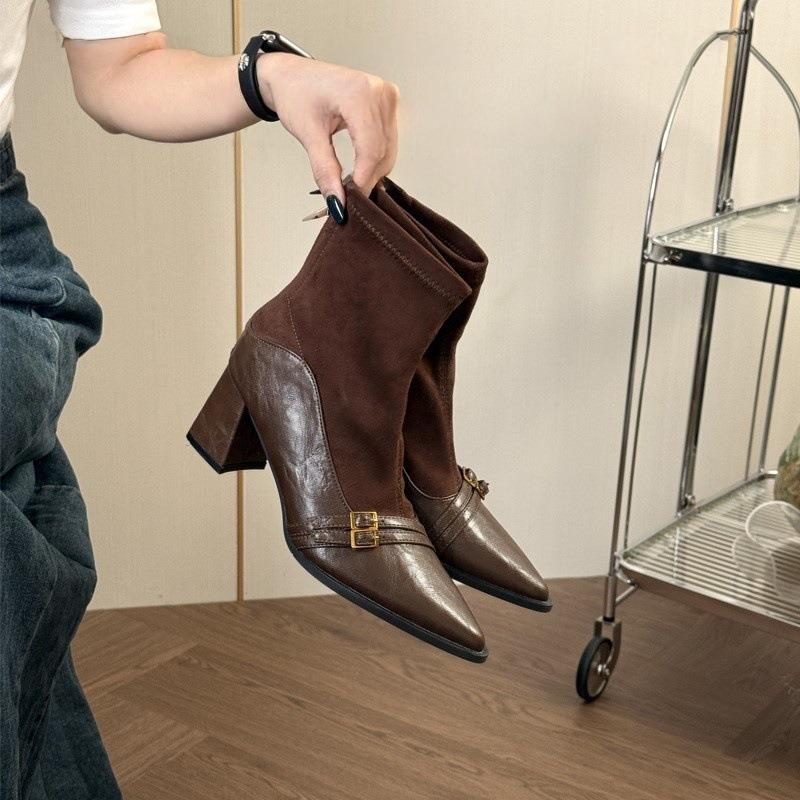 Retro style pointed thick heel short boots women's new versatile fashion high heel elastic thin boots rear zipper