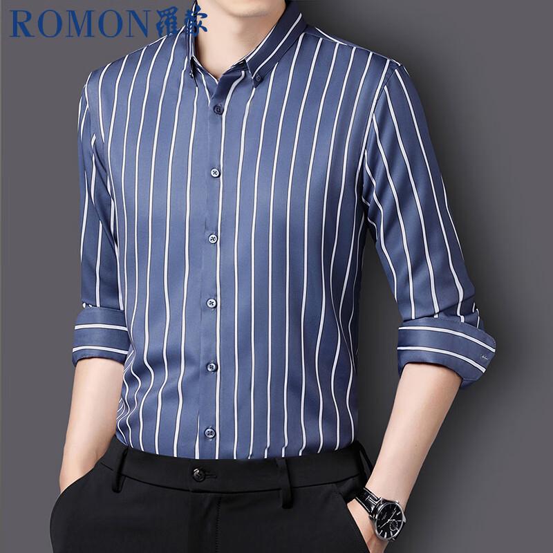 ROMON Men s Stretch Stripe Wrinkle-Free Long-Sleeve Shirt XL