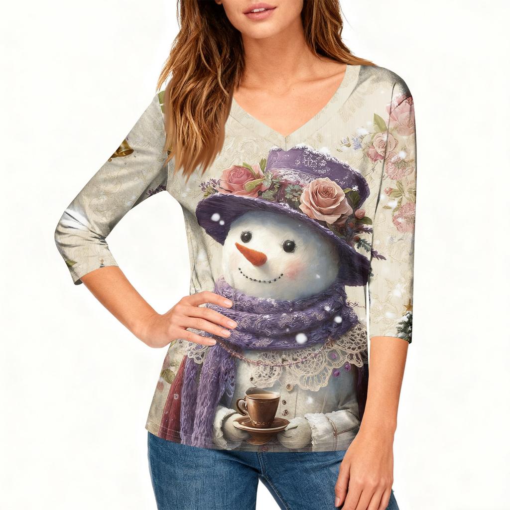 3/4 Sleeve Shirts For Women Print Christmas Tees Blouses Casual Plus Size Basic Tops Pullover