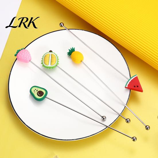 Mixer with Ball Cocktail Stir Stick, Stainless Steel Mixing Durian Pineapple Strawberry Cute Drink Stirrer Watermelon Rubber Top Decor, for