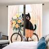 Whimsical Cat Riding Bicycle Abstract Art Curtains Design Semi Transparent Polyester Drapes Floral Accen Set Of 2 Made With Rod Pocket