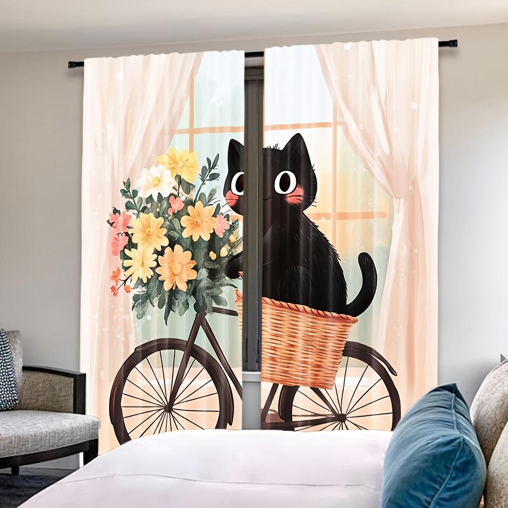 Whimsical Cat Riding Bicycle Abstract Art Curtains Design Semi Transparent Polyester Drapes Floral Accen Set Of 2 Made With Rod Pocket