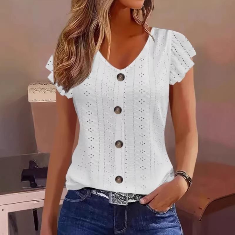 Summer V-neck hollow short-sleeved shirt women, thin Feifei sleeved top, physical source