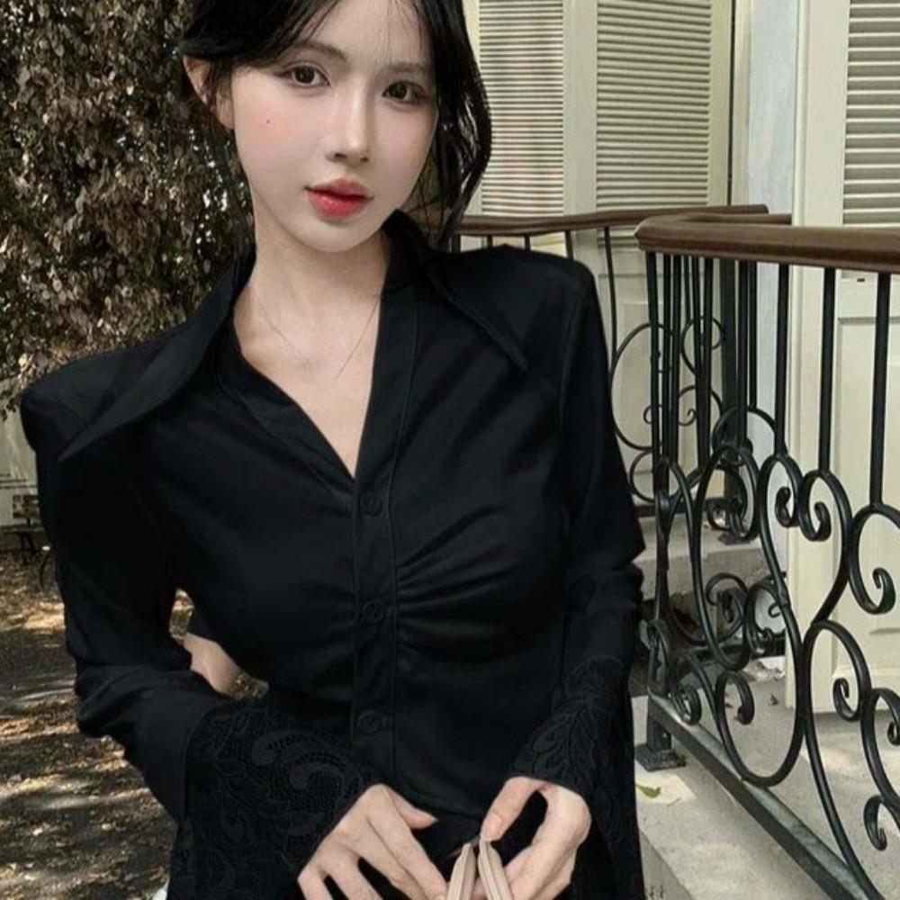 V-neck Lace Long Sleeve Shirts Lace Clothing Sleeves Slim Buttons Shirts  Girls Gift