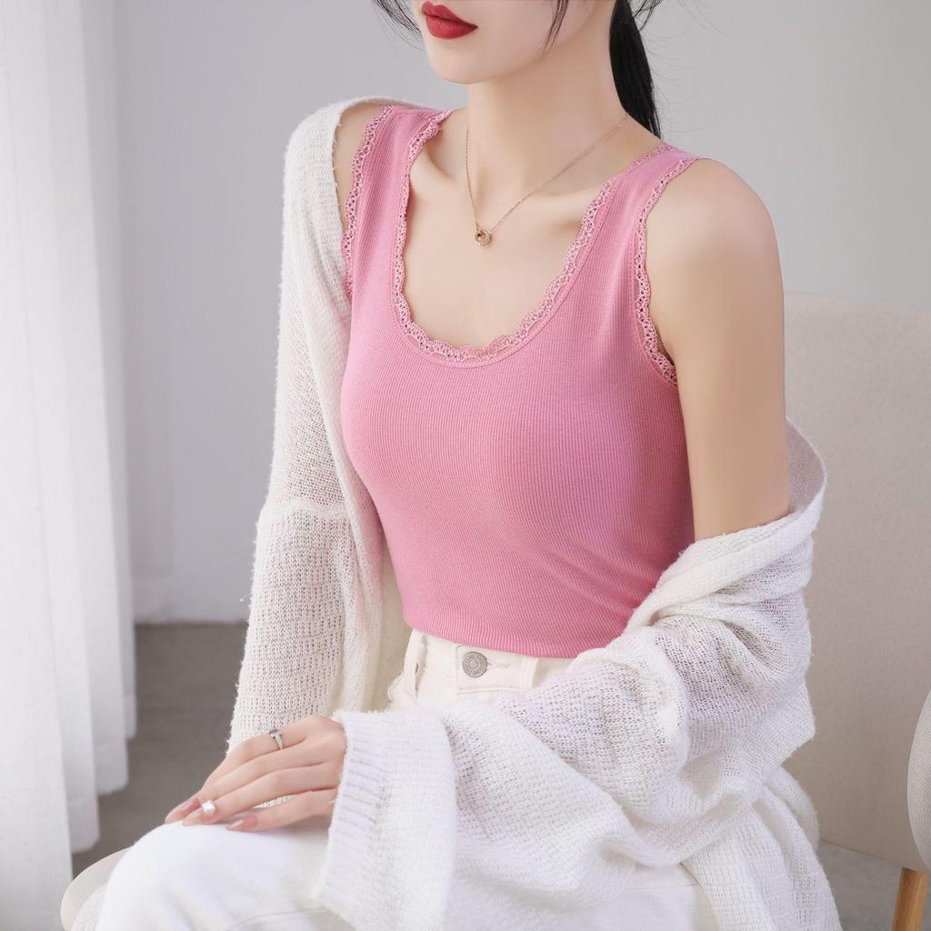 Spring & Summer Women's Lace Ribbed Cotton Tank: Slimming Plus-Size Sleeveless Round Neck Base Layer