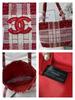 Red Plaid Sequin CC Logo Tote Bag, Daily Handheld Cosmetic Bag, Luxury Brand Beauty Accessory