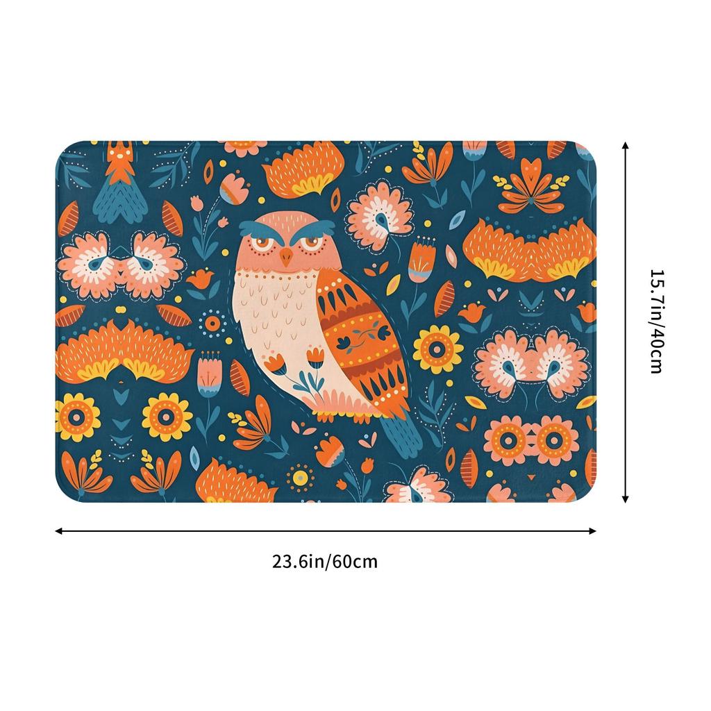 Folk Owl Doormat – Blue Floral Background with Orange Patterned Owl, Soft Flannel, Non-Slip, Machine Washable, Entryway Bedroom