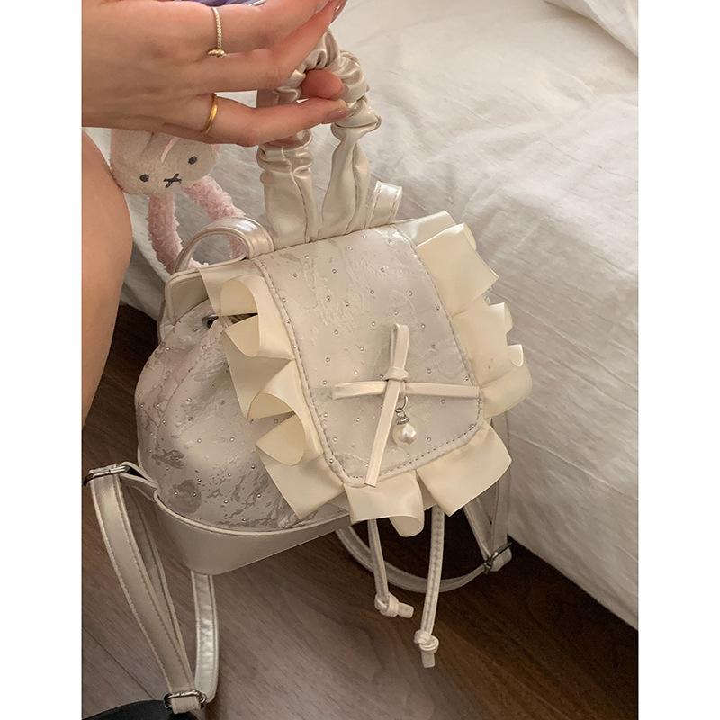 

Cute girl polka dot lace backpack bag women 2025 new bow bucket bag versatile small backpack белый