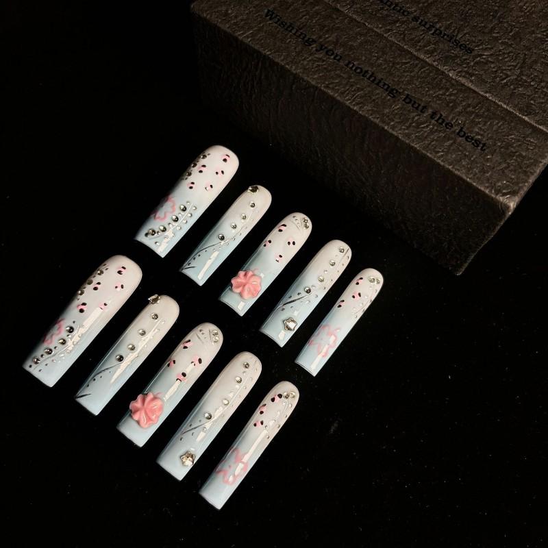 Long Blue Gradient Floral Nail Art Press-On Tips Handmade Women Stylish Wearable Acrylic Nails Small
