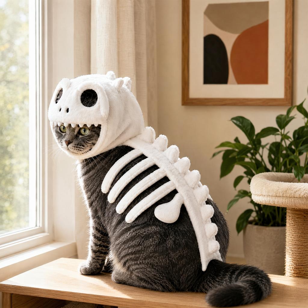 NEW Dinosaur Skeleton Glow in Dark Cat Costume, 25-120cm Dog Hood Outfit Pet Clothes for Halloween Cosplay with/without Glowing