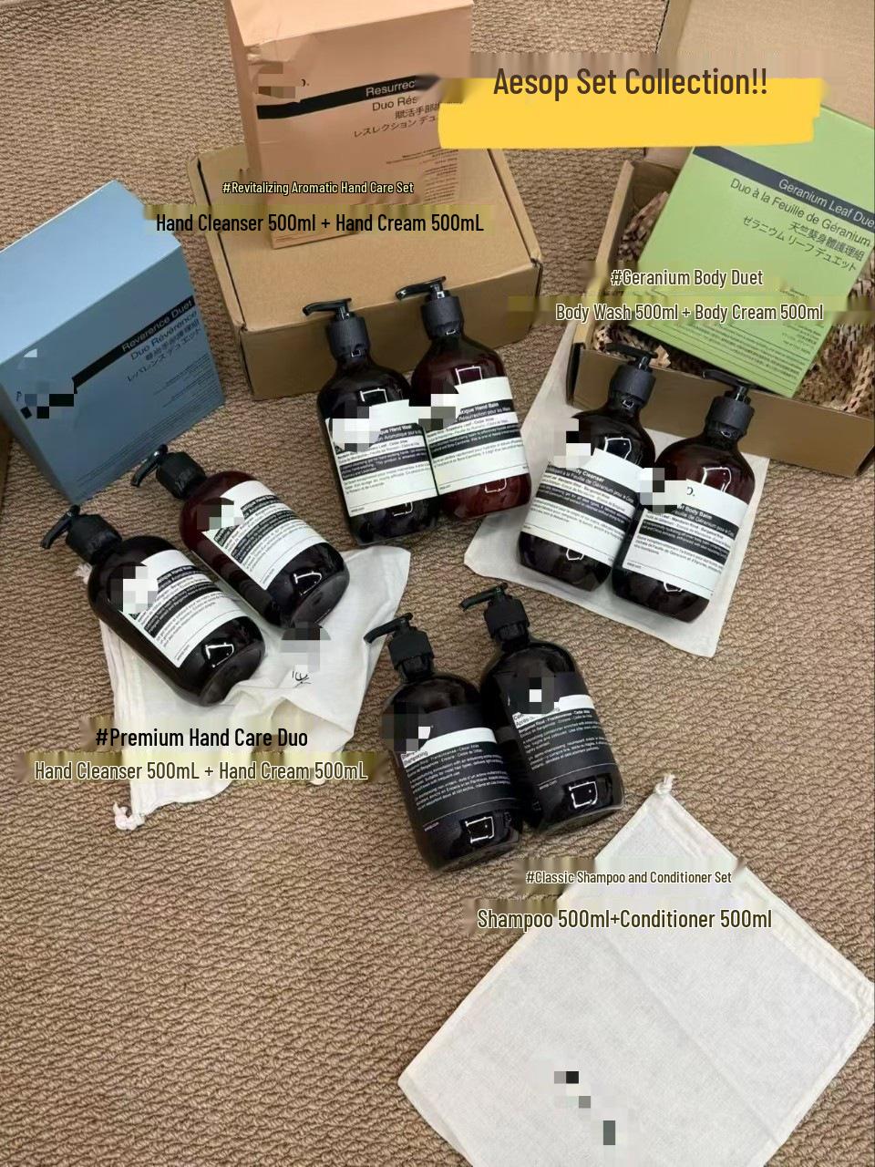 Aesop Geranium Collection: Shampoo, Shower Gel, Body Lotion, Hand Wash, Conditioner, Reviving Candle, Incense. Reviving Hand Wash