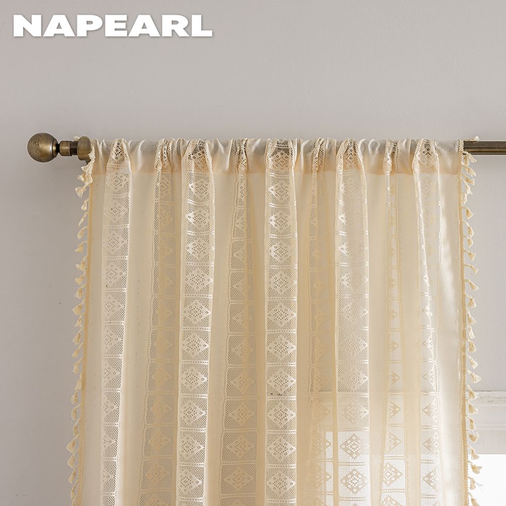 1PC NAPEARL Bohemian Style Jacquard Curtains Tassel Edge Rod Pocket Type Sheer Curtain for Living Room Bedroom Balcony Window Home Decor