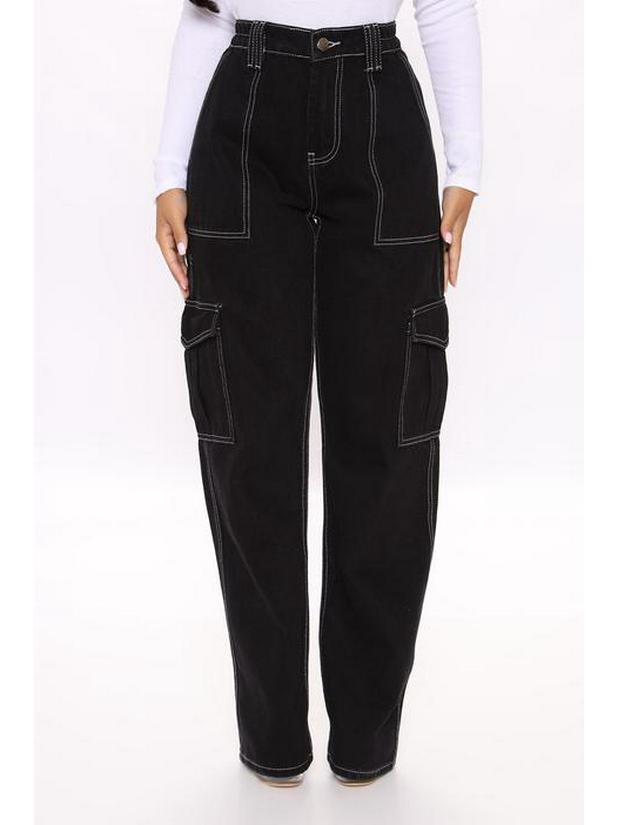 Damskie Jeansy Cargo z Wysokim Stanem, Elastyczne, Wielokieszeniowe, Szerokie Nogawki