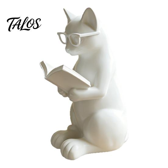 Décoration Chat de Bureau Figurine de Lecture Imprimée en 3D, Ornement Décoratif avec Base Lestée Antidérapante, Pièce d'Art Paresseuse Statue Intellectuelle Œil