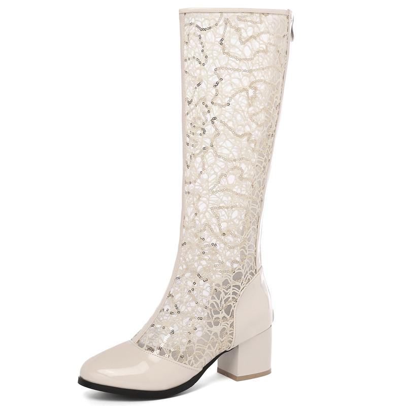 Spring Summer Women Boots Fashion Knee High Boot Zipper Casual Low Heels Mesh Breathable White Blue Ladies Party Shoes Big Size