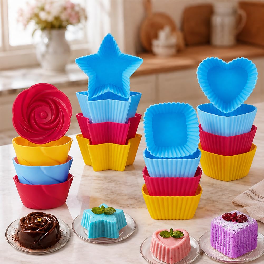 12Pcs Reusable Non-Stick Silicone Muffin Cups Cupcake Liners for Baking