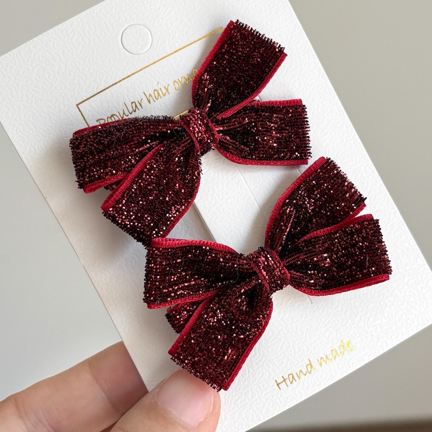 Korean Style Cute Sweet Velvet Bow Hair Clips for Kids - Wine Red (Autumn/Winter)