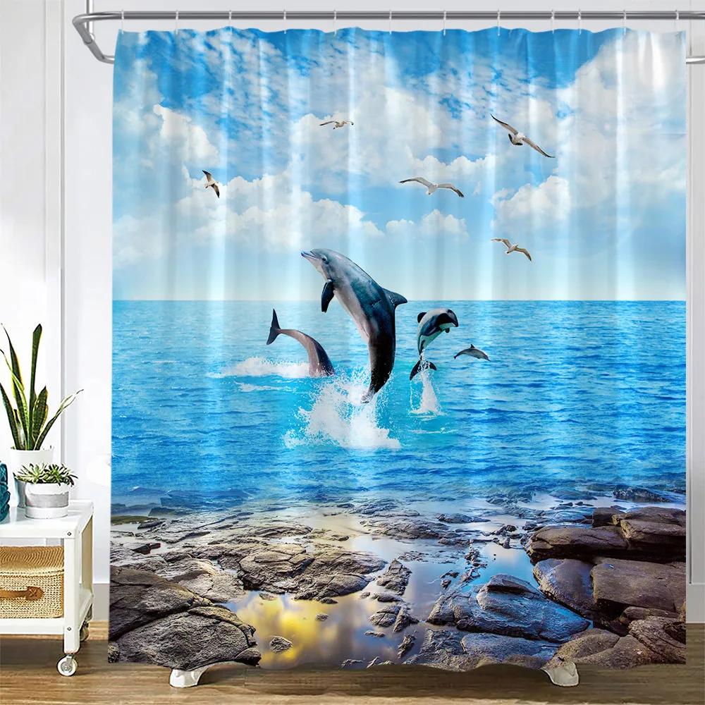 Octopus Sea Turtle Shower Curtain Watercolor Animal Dolphin Tropical Fish Coral Underwater Landscape Curtains Bathroom Decor Set