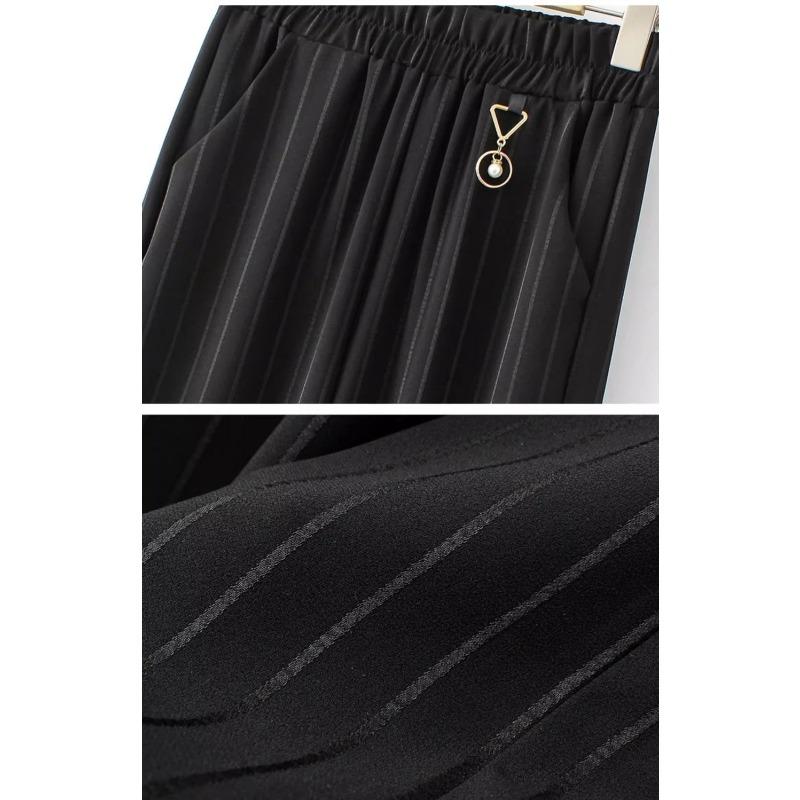 Autumn Chiffon Wide-leg Striped Draped Elastic High Waist Pocket Fashionable Casual Straight Pants