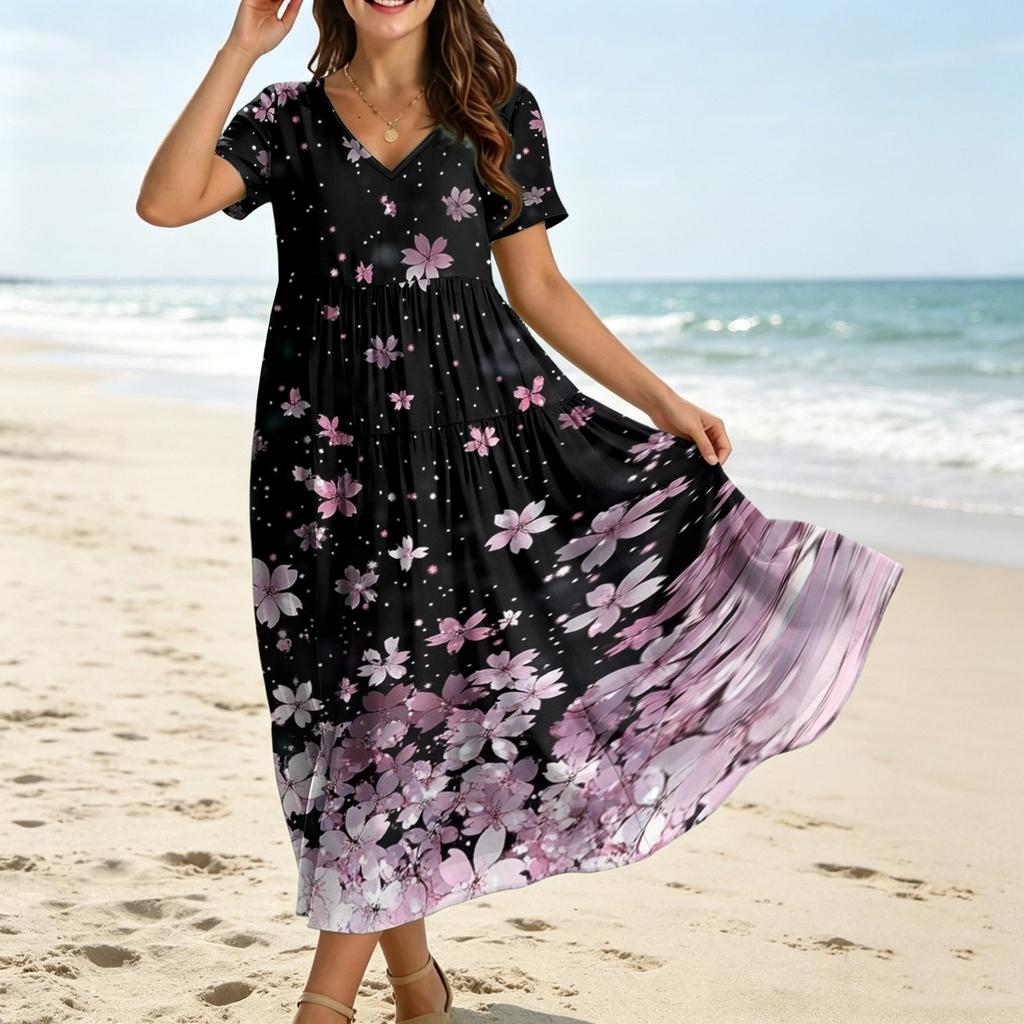 Women Loose Fit Bohemian Style Short Sleeve V Neck Dress with Gradient Floral Print Casual Summer Midi Dress