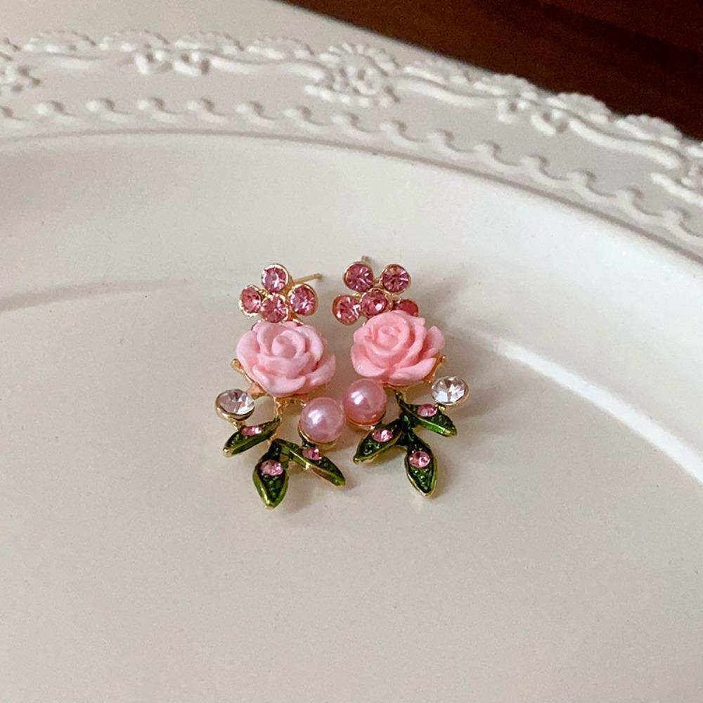 Pearl Rose Flower Necklace Rhinestone Women Jewelry Temperament Stud Earrings  Vacation