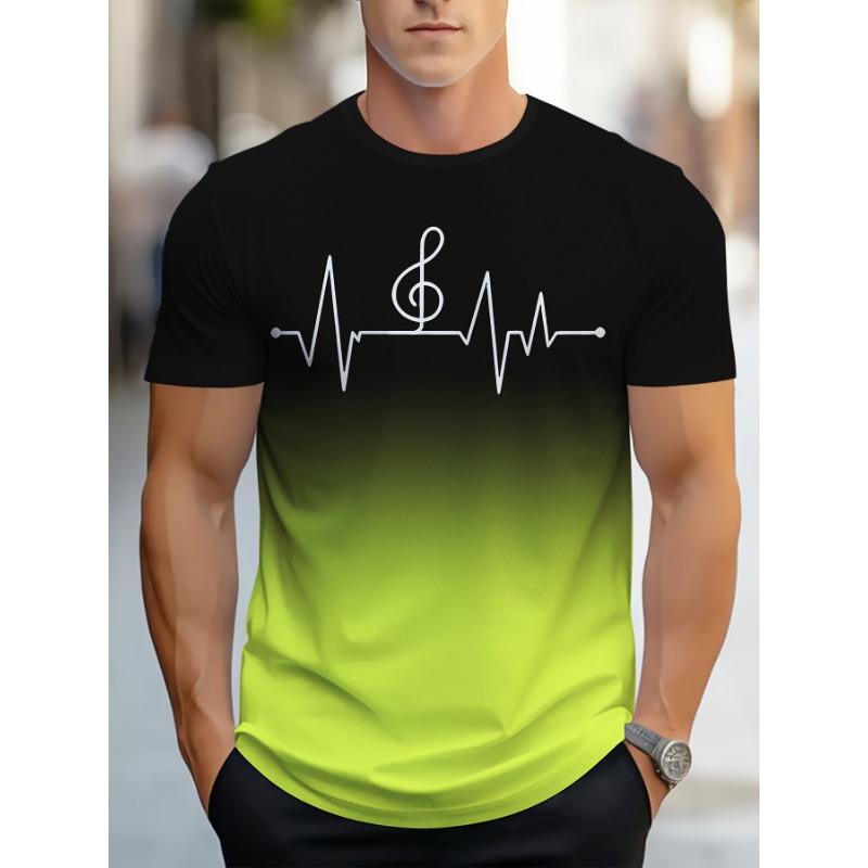 

Men S Casual Crew Neck T-Shirt with EKG Line Graphic - Bright Neon Green & Black, Regular Fit, Summer Essential for Fitness Enthusiasts, Workout Shirt L