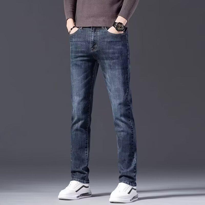 Spring and Autumn Jeans Men s New Straight Loose Men s Pants Elastic High-end Business Middle-aged Men s Casual Long Pants 28 темно-синий
