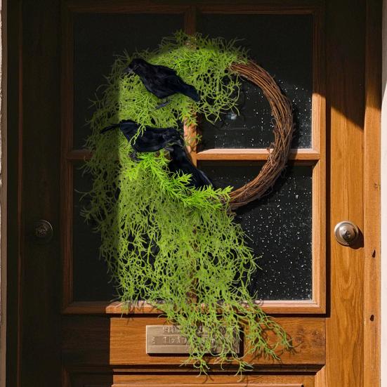 זר עורב ליל כל הקדושים בגודל 13.8 אינץ' לדלת כניסה, זר ענפים יבשים מלאכותי עם עורב סימולטיבי וגפנים לקישוט קירות, דלתות, חלונות