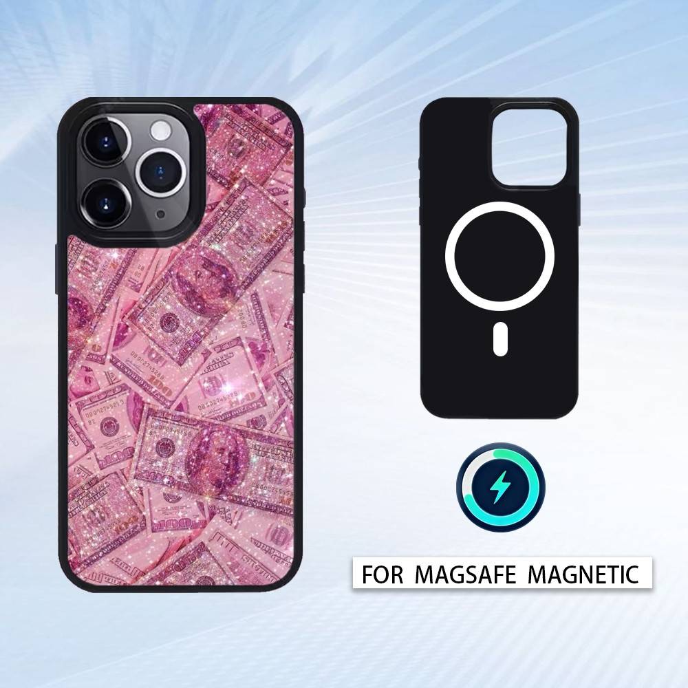 

P-Pink D-Dollars B-Banknote Phone Case Magnetic For iPhone17 16 15 14 13 12 Pro Max For Magsafe Wireless Charging Cover iPhone17