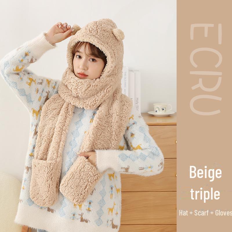 

Женский зимний комплект из шапки и двух шарфов — согреет и защитит уши. One Size